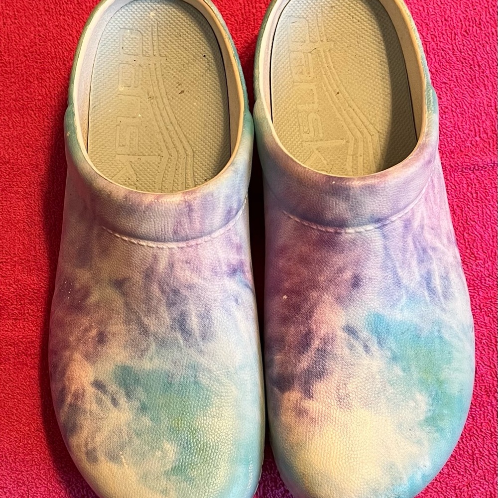 Dansko Tie-Dye Mules in Purple and Blue